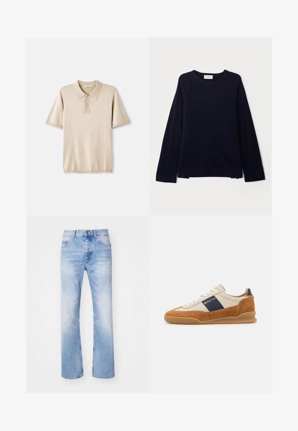 OFFICINE GENERALE NATE CNECK - Strickpullover - black; Beige Poloshirt mit Kragen und dreiknopfiger Leiste. Kurze Ärmel, weiche Textur und gerader Saum. Minimalistisches Design.; Hellblaue Denim-Jeans mit geradem Bein, im klassischen Fünf-Taschen-Design und einem dezenten Ausbleichmuster.; PS Paul Smith DOVER - Sneaker low - cognac/off-white