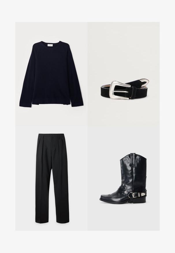 OFFICINE GENERALE NATE CNECK - Pullover - black; Pantalon noir taille haute, sur-mesure, avec passants pour ceinture, plis sur le devant, fermeture par bouton et jambes droites larges sur fond clair.; Botte de cowboy en cuir noir avec un bout pointu, une tige haute, des coutures décoratives et une quincaillerie en argent sur la sangle. Fini texturé.; Ceinture en suede noir avec une boucle en métal argenté de forme arrondie et des accents cousus. Texture lisse et conception ajustable.