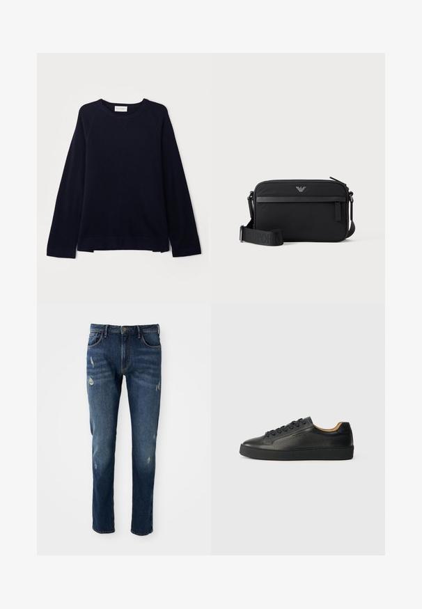 OFFICINE GENERALE NATE CNECK - Strickpullover - black; Dunkelblaue Jeans aus Denim mit slim fit, leichten Abnutzungen an den Oberschenkeln und Knien, klassischem Fünf-Taschen-Design und Knopfverschluss.; Schwarze, niedrig geschnittene Ledersneaker mit strukturierter Oberfläche, schwarzen Schnürsenkeln und dicker Gummisohle, seitlich auf einem hellen Hintergrund dargestellt.; Schwarze rechteckige Umhängetasche mit vorderer Reißverschlusstasche, verstellbarem Schultergurt und kleinem Metalllogo oben in der Mitte.