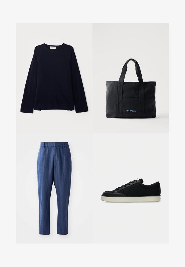 OFFICINE GENERALE NATE CNECK - Svetrík - black; Námornícke modré ľanové nohavice s voľným strihom, elastickým pásom a zúženými nohami. Disponujú hladkou textúrou a minimálnymi stehmi.; Čierna teniska s hladkou koženou špičkou, textilným zvrškom, plochými šnúrkami a bielou gumovou podrážkou. Minimalistický dizajn s kontrastnými detailmi.; Čierna plátená taška s dvoma rukoväťami, predným vreckom a nápisom "LES DEUX" vyšité modrou farbou na prednom vrecku.