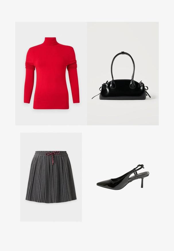 ONLY ONLVENICE ROLLNECK - Trui - salsa; Donkergrijze geplooide rok met een elastische tailleband en een gebonden bordeaux koord aan de voorkant in het midden.; Zwarte gepatineerde leren slingback pump met een spitse neus, slanke hak en een enkelbandje. Beschikt over een uitsnijdontwerp aan de zijkant.; Kleine zwarte glanzende handtas met twee lange hengsels en zijkant trekkoord details op een effen lichte achtergrond.