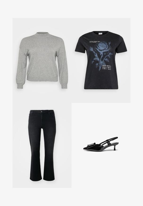 Vaaleanharmaa neulepaita, jossa on pitkät hihat, ribbireunukset kauluksessa, hihoissa ja helmassa, esillä valkoista taustaa vasten.; ONLY Carmakoma CARMIKO WASHED SS REG TEE JRS - Printtipaita - black; Musta farkkuhousut, joissa on keski-korkea vyötärö, etupainike, kaksi etutaskua, kaksi takataskua ja leveä lahkeensuu.; Mustat patenttinishengät, joissa on kärjellinen varvas, etuosassa jousiomainen yksityiskohta ja pieni stiletto-korko. Remmeissä on säädettävät soljet.