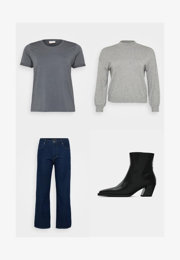 Hellgrauer, gestrickter Pullover mit langen Ärmeln, geripptem Rundhalsausschnitt, Bündchen und Saum, auf einem weißen Hintergrund präsentiert.; Graues kurzärmliges T-Shirt aus weichem Material mit klassischem Rundhalsausschnitt und aufgerollten Ärmeln. Glatte Textur ohne sichtbare Muster.; Dunkelblaue Denim-Jeans mit geradem Schnitt, ausgestattet mit einem Reißverschluss, fünf Taschen und sichtbaren Nähten.; Schwarze Leder-Stiefelette mit spitzem Zeh, schlanker Silhouette und klobigem quadratischem Absatz. Glatte Textur mit minimalen Nähdetails.