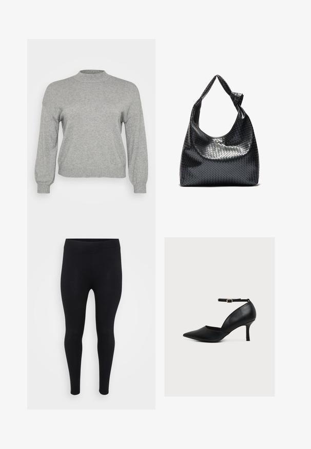 Suéter de punto gris claro con mangas largas, cuello redondo acanalado, puños y bajo, exhibido sobre un fondo blanco.; Leggings negros con una textura suave, cintura alta y una forma ajustada. Presentan detalles sutiles en los laterales a lo largo de las costuras.; Zapato de tacón alto de cuero negro con punta afilada, correa en el tobillo y pequeña hebilla dorada, mostrado de perfil sobre fondo blanco.; Bolso de cuero trenzado negro con un diseño relajado, que presenta una correa anudada y un pequeño tachuela dorada decorativa en la parte superior.