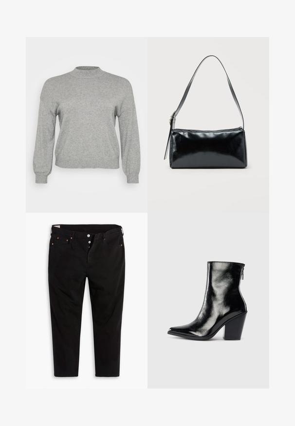 Hellgrauer, gestrickter Pullover mit langen Ärmeln, geripptem Rundhalsausschnitt, Bündchen und Saum, auf einem weißen Hintergrund präsentiert.; Schwarze Jeanshose mit geradem Bein. Verfügt über fünf Taschen, Metallknopfverschluss und orangefarbene Nähtigkeiten. Aus Baumwollmaterial.; Schwarze Leder-Ankle Boots mit glänzendem Finish, spitzer Zehenform und Blockabsatz. Verfügt über einen seitlichen Reißverschluss für ein einfaches Anziehen.; Schwarze rechteckige Schultertasche mit einem verstellbaren Riemen und einem oberen Reißverschluss vor einfachem Hintergrund.