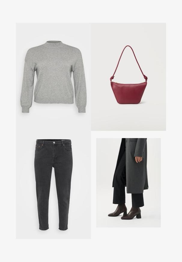 Lysegrå strikket sweater med lange ærmer, ribbestrikket rund hals, manchetter og kant, præsenteret på en hvid baggrund.; Slanke sorte denim jeans med frontknap og lynlås, bæltestropper og fem lommer, vist på en ensfarvet lys baggrund.; Højhælede ankelstøvler i mørkebrunt læder med spids tå og blokhæl, parret med sorte bukser og en grå frakke.; Lille skuldertaske i bordeaux læder med knyttet rem og lynlåslukning øverst mod en ensartet lys baggrund.