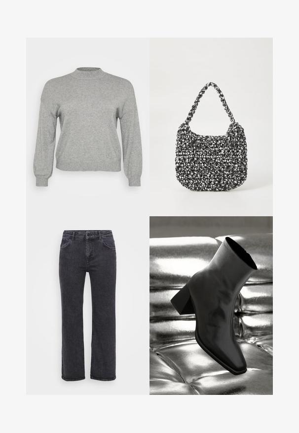 Lysegrå strikket sweater med lange ærmer, ribbestrikket rund hals, manchetter og kant, præsenteret på en hvid baggrund.; Sorte denim jeans med lige ben design, fem lommer og knaplukning. Stoffet har en let falmet tekstur og robust syning.; Sorte ankelstøvler lavet af glossy materiale med firkantet tå og spidse hæle, sat mod en skinnende sølv tuftet baggrund.; Vævet håndtaske i sort og hvid med en rund form, tekstureret overflade og et fletet håndtag. Velegnet til afslappet brug.