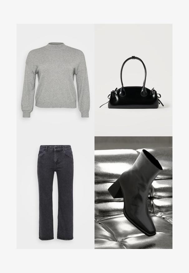 Lysegrå strikket sweater med lange ærmer, ribbestrikket rund hals, manchetter og kant, præsenteret på en hvid baggrund.; Sorte denim jeans med lige ben design, fem lommer og knaplukning. Stoffet har en let falmet tekstur og robust syning.; Sorte ankelstøvler lavet af glossy materiale med firkantet tå og spidse hæle, sat mod en skinnende sølv tuftet baggrund.; Lille sort blank håndtaske med to lange håndtag og snøre-detaljer i siden på en ensfarvet lys baggrund.