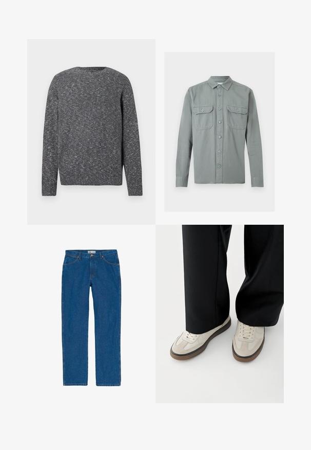 Pull à manches longues en maille côtelée gris foncé avec un col ras du cou et une texture mouchetée.; Chemise gris clair à manches longues avec col et deux poches à rabat boutonnées sur le devant, présentée à plat sur un fond blanc.; Jean en denim bleu avec une coupe droite, doté de coutures orange, de poches à l'avant et d'un style classique à cinq poches.; Pieds portant des baskets beige avec des semelles marron et un pantalon noir à jambes larges sur fond blanc.