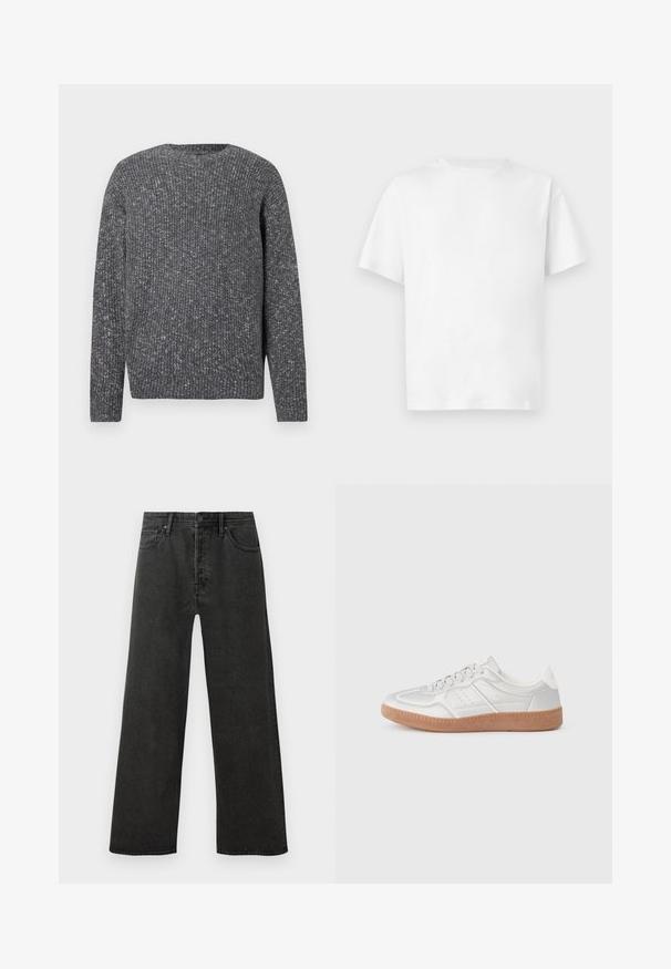 Langærmet mørkegrå ribstrikket sweater med rund halsudskæring og en plettet tekstur.; Hvid, kortærmet t-shirt i bomuld med rund halsudskæring, vist fladt mod en neutral baggrund.; Sorte højtaljede lige ben jeans i denim med frontknap, lynlås og fem lomme-design på en hvid baggrund.; Sølv sneakers med en glat overflade, snørebånd, perforerede detaljer og en struktureret brun gummi sål.