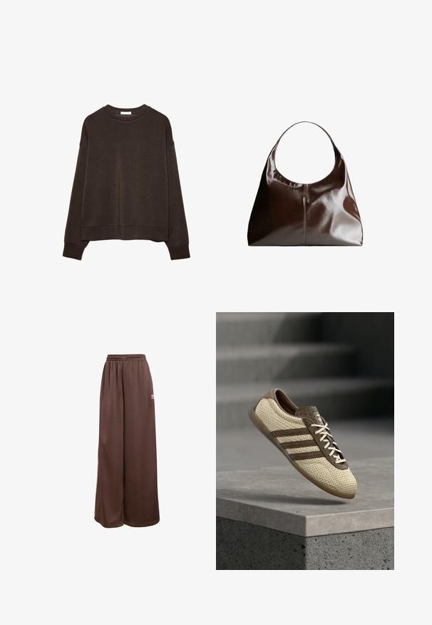 Tmavohnedá pulóvrová mikina z mäkkej látky, s okrúhlym výstrihom, spustenými ramenami a skráteným lemom. Bez vzorov a kovových ozdôb.; adidas Originals Tepláky - auburn cream white; Béžová a hnedá tkaná teniska s tromi pruhmi a bielymi šnúrkami, ktorá pláva nad betónovým okrajom so schodmi v pozadí.; Hnedá kožená hobo taška s okrúhlou hornou časťou, hladkým povrchom a jemnými detailmi švov. Popruh je široký a zakrivený pre pohodlie.