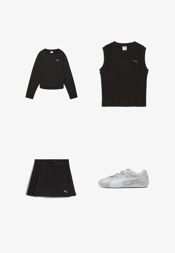 Sweat-shirt noir à manches longues avec un col rond, des manches raglan, une taille cropped et un logo Puma blanc sur la partie gauche de la poitrine.; Haut court noir sans manches en maille côtelée avec col rond et petit logo Puma gris sur le côté gauche de la poitrine.; Jupe plissée noire en tissu extensible, avec une large ceinture et un petit logo Puma blanc sur le bas à droite.; Chaussure de sport gris clair en suède et mesh, à bout arrondi, avec des accents blancs contrastés et une semelle en caoutchouc texturée. Bande ajustable pour un meilleur maintien.