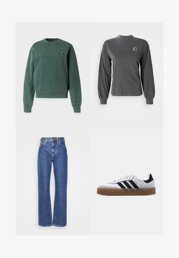 Grøn sweatshirt med rund hals og lange ærmer, ribkanter på ærmer og bund, med et lille firkantet logo på venstre bryst.; Langærmet grå t-shirt lavet af bomuld, med rund halsudskæring og elastiske manchetter, samt et lille firkantet logo på brystet.; Blå denim jeans med vide ben, høj talje, kontrastsyninger og klassisk fem-lomme design. Struktureret stof med en glat overflade.; Hvide lædersneakers med sorte striber, gummirubber sål, rund tå, snørelukning og blød grå ruskinds tåhætte.