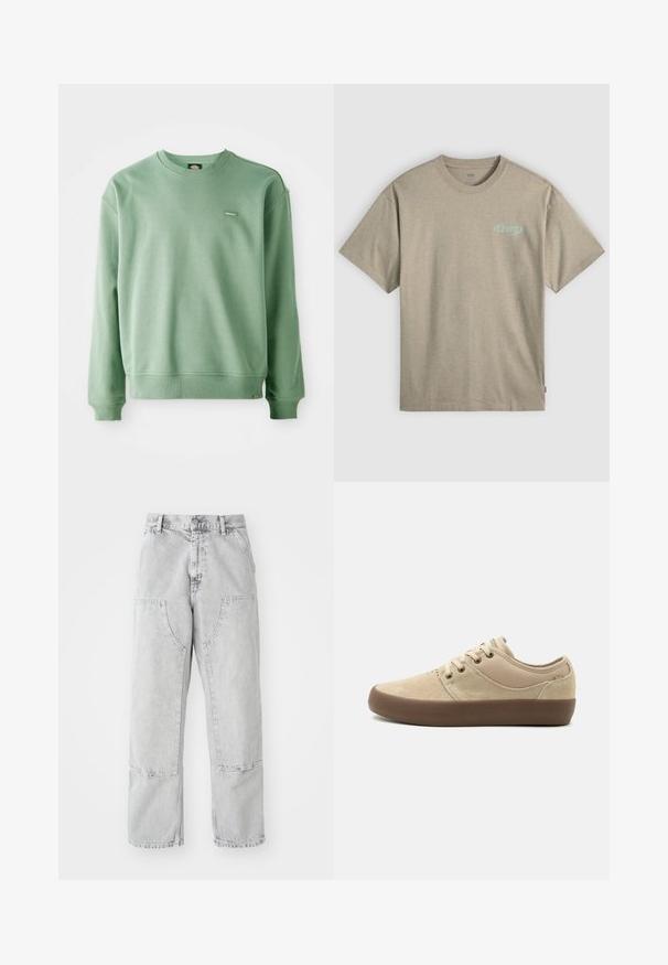Vihreä crewneck-collegepaita, joka on valmistettu pehmeästä kankaasta. Paidan hihansuissa ja helmassa on ribattu viimeistely, ja edessä on pieni logotagi. Pintakuvio on sileä.; Beige t-paita pyöreällä pääntiellä ja lyhyillä hihoilla, jossa vasemmassa rinnassa pieni vaaleansininen "Levi's"-logo ja punainen lappu sivusaumassa.; Harmaat farkut, joissa on löysä istuvuus, suuret sivutaskut, näkyvät tikkaukset ja suora lahkeiden muoto. Vyötäröllä vyölenkit.; Beigenvärinen matala tennari, jossa mokkanahka- ja kangaspäällinen, ruskea kumipohja ja beigenväriset nauhat.