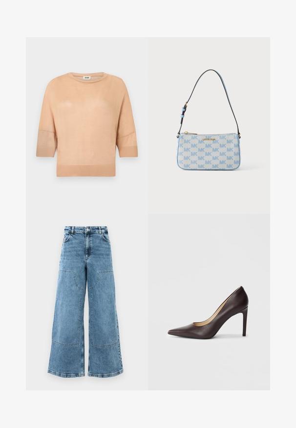Suéter de punto beige de manga corta con cuello redondo, confeccionado con tela ligera, con borde y puños acanalados. Textura suave.; Jeans de denim celeste de piernas anchas con una cintura alta, grandes bolsillos frontales y costuras visibles. Presenta un diseño clásico de cinco bolsillos.; Zapato de tacón alto de piel marrón oscuro, con punta afilada y un delgado tacón de stiletto, mostrado de perfil sobre un fondo blanco.; Bolso pequeño rectangular de color azul claro con patrón repetido de MK, logo dorado de Michael Kors y correa de hombro ajustable.