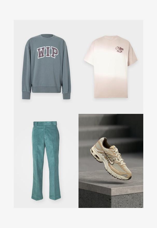 Grauer Sweatshirt mit gerippten Bündchen und Saum. Verfügt über das "WIP"-Logo in Weiß mit dunkelviolettem Rand. Rundhalsausschnitt, aus weichem Stoff gefertigt.; Nike T-Shirt in Beige bis Creme Ombre, kurze Ärmel, Rundhalsausschnitt, mit kleinem braunem Logo auf der oberen linken Brust. Weiches Baumwollmaterial.; Tannengrüne Cordhosen mit geradem Bein, die eine glatte Textur, Gürtelschlaufen und Seitentaschen aufweisen. Keine sichtbaren Muster oder Beschläge.; Beiger und weißer Nike Laufschuh mit Mesh-Paneelen und schwarzem Swoosh, schwebt über einem Betonsims mit unscharfen Treppen im Hintergrund.