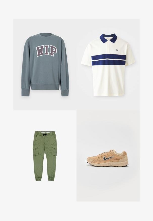 Sudadera gris con puños y dobladillo acanalados. Presenta el logo "WIP" en blanco con contorno púrpura oscuro. Diseño de cuello redondo, confeccionada con tela suave.; Camisa polo blanca con rayas navy en el pecho y el cuello. Presenta mangas cortas y un pequeño logo en el lado izquierdo cerca del cuello.; Joggers de sarga verde oliva con puños elásticos, cintura con cordón y múltiples bolsillos tipo cargo para mayor almacenamiento. Tela suave y duradera.; Zapatilla deportiva beige con materiales de malla y ante, silueta curva, suela negra, prominente logo plateado de Nike en el lateral y acentos texturizados.