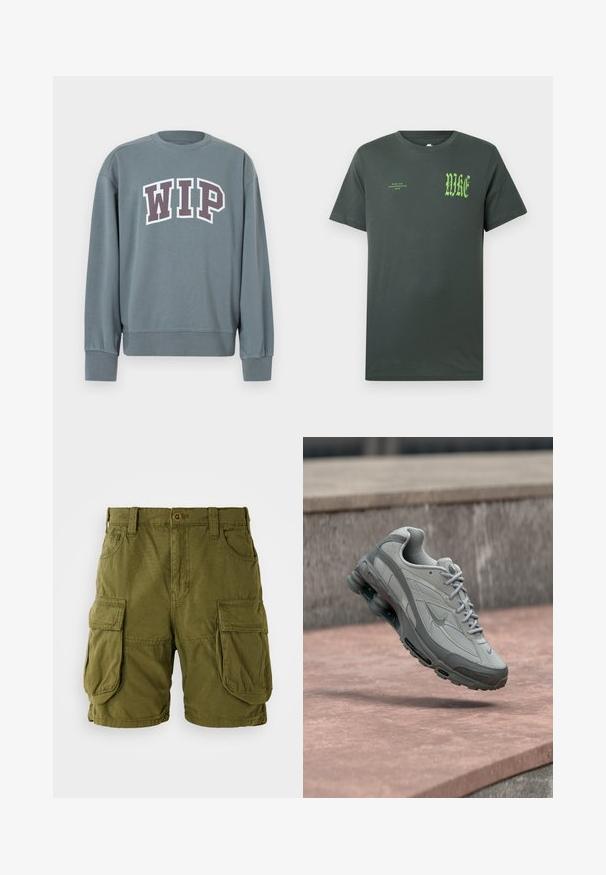 Grijze sweatshirt met geribde manchetten en zoom. Voorzien van "WIP" logo in wit met donkerpaarse contour. Rondhals ontwerp, gemaakt van zachte stof.; Donkergroen katoenen T-shirt met korte mouwen. Voorzijde met grote groene "NIKE"-logo en kleinere tekst, klassieke ronde halslijn, gladde textuur.; Olijfgroene cargo shorts van katoenmix. Voorzien van twee grote zijzakken en een knoopsluiting met riemlussen. Glad textuur.; Grijze en witte Nike-sneaker zwevend boven een stenen trede met zichtbare luchtvering en een gestructureerde zool.