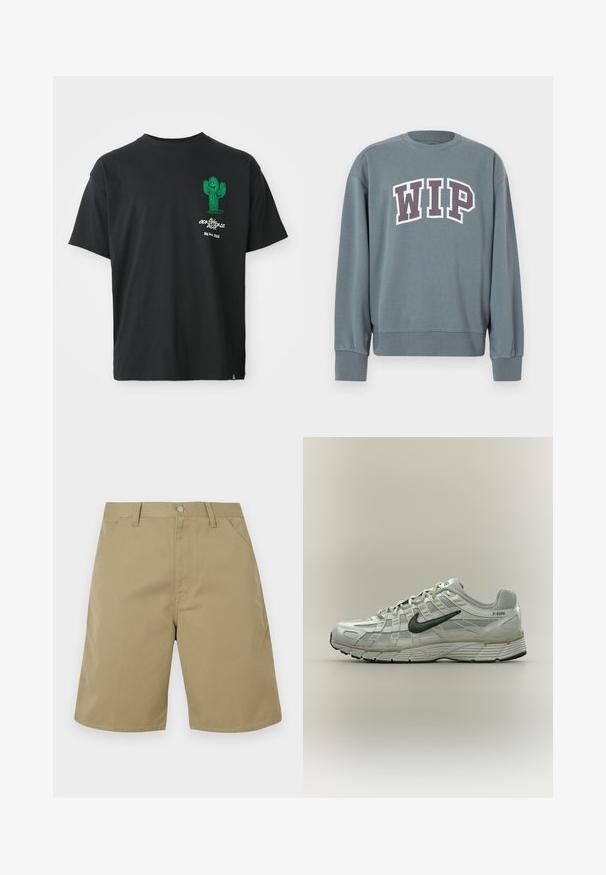 Grå sweatshirt med ribstrikkede manchetter og kant. Har "WIP"-logo i hvid med mørkelilla kant. Crew neck-design, lavet af blødt stof.; Sort t-shirt med korte ærmer med en grøn tegneserie-kaktus og hvid tekst "Conditions Gear Big Bend, Texas" på venstre bryst.; Beige shorts lavet af stof med en glat tekstur, med flad front, bæltestropper og sidelommer; ben med lige snit.; Lysegrå Nike P-6000 sneaker med sort swoosh-logo og detaljeret tekstureret design, vist fra siden på en ensfarvet baggrund.