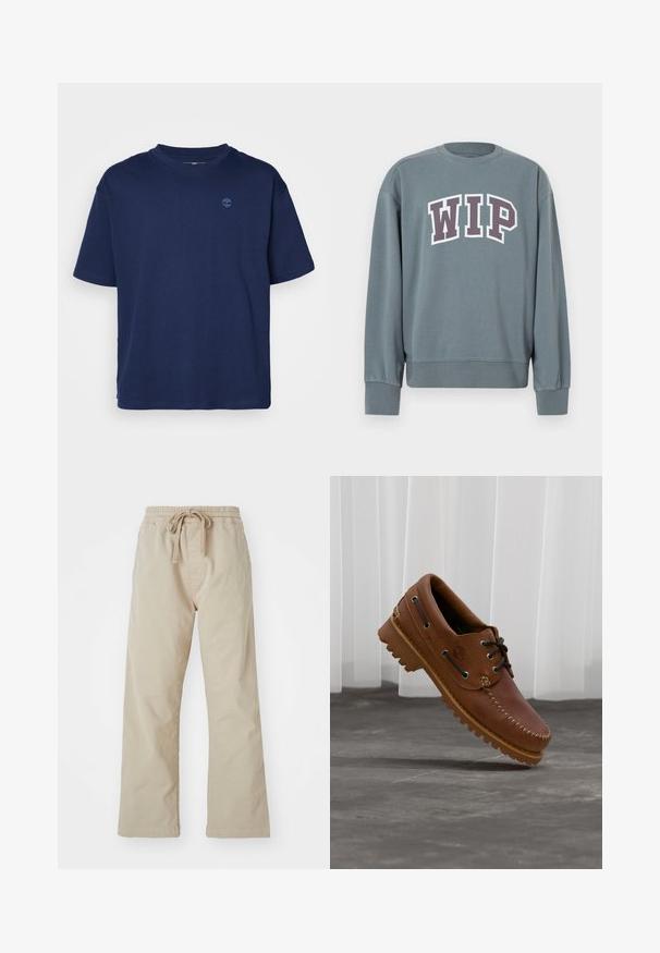 Grå sweatshirt med ribstrikkede manchetter og kant. Har "WIP"-logo i hvid med mørkelilla kant. Crew neck-design, lavet af blødt stof.; Marineblå bomulds T-shirt med rund halsudskæring, korte ærmer og et lille, tonalt logo på brystet. Casual pasform, glat tekstur.; Beige bomuldsbukser med elastisk talje og snoretræk. Lige ben-design, glat stof og ingen synlige mønstre eller detaljer.; Brun læder bådsko med sorte snørebånd, beige syninger og en robust sål, hængende over en grå betongulv.