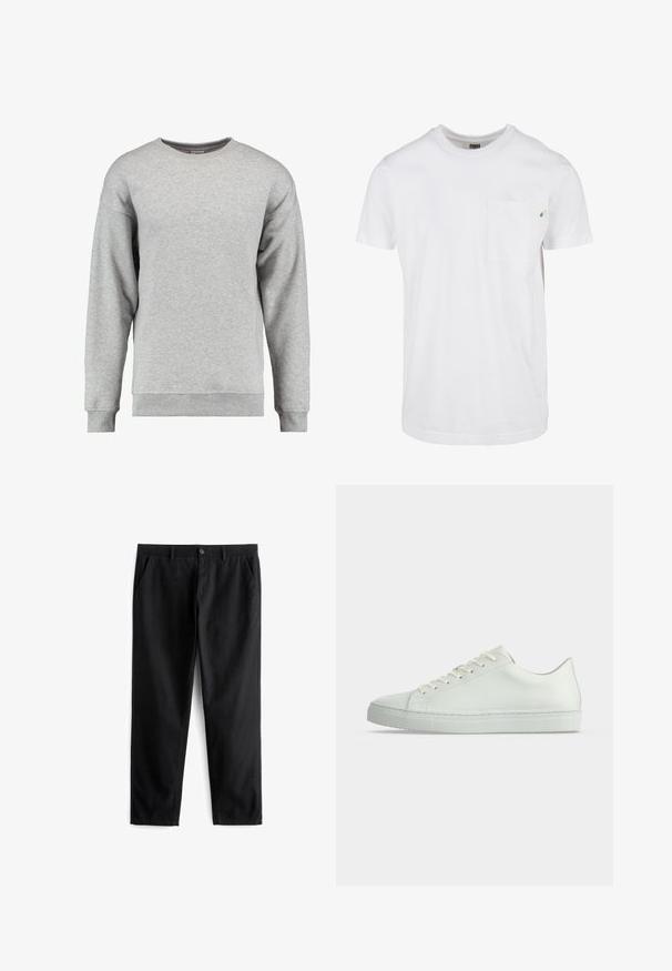 Lichtgrijze sweater met lange mouwen en ronde hals, met geribde manchetten en zoom, effen zachte stof, geen zichtbare patronen of logo's.; Witte katoenen t-shirt met korte mouwen en ronde hals, met een borstzak en een klein groen blaadje logo nabij de zak.; Zwarte broek van duurzaam materiaal, met twee voorzakken, een knoopsluiting, een platte voorkant en een recht gesneden pijp.; Witte lage sneaker met veters, glad leren bovenwerk en platte rubberen zool, van opzij te zien tegen een effen achtergrond.