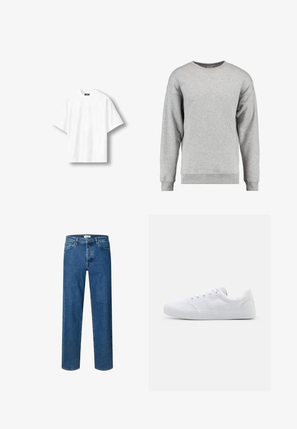 Lichtgrijze sweater met lange mouwen en ronde hals, met geribde manchetten en zoom, effen zachte stof, geen zichtbare patronen of logo's.; Effen wit oversized T-shirt met korte mouwen en een ronde hals, met een zwart label aan de binnenkant van de achterkant van de kraag, getoond op een lichte achtergrond.; Blauwe straight-leg denim jeans met knoop- en ritssluiting, ceintuurlussen en een vijfzakkenontwerp.; Witte canvas sneakers met een rubberen zool, voorzien van zes oogjes, een gestructureerde neuskap en een minimalistisch ontwerp.