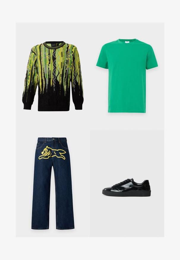 Gebreide trui met lange mouwen en verticale abstracte patronen in groen, geel, zwart en grijstinten, met een ronde hals en geribde manchetten.; Groene katoenen t-shirt met korte mouwen, ronde halslijn en een gladde textuur. Eenvoudig ontwerp zonder patronen of versieringen.; Donkerblauwe spijkerbroek met een grote gele afbeelding van een springend karakter op de achterzak. Rechte pijpen met standaard stiksels.; Zwarte gepatenteerde leren sneakers met een ronde neus, vetersluiting, een gestructureerde rubberen zool en een glanzende afwerking.