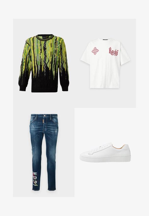 Pull en tricot à manches longues avec des motifs abstraits verticaux dans des tons verts, jaunes, noirs et gris, avec un col rond et des poignets côtelés.; T-shirt blanc à manches courtes avec un graphisme orné rouge sur la poitrine gauche et un texte décoratif rouge "Ksubi" sur la poitrine droite.; Jean en denim bleu à coupe slim, avec des éclaboussures de peinture et un texte graphique coloré sur la jambe gauche. Couture contrastée le long des coutures.; Sneaker en cuir blanc avec une finition lisse, bout rond, design plat à lacets, et une semelle en caoutchouc épaisse présentant un motif de grip texturé.