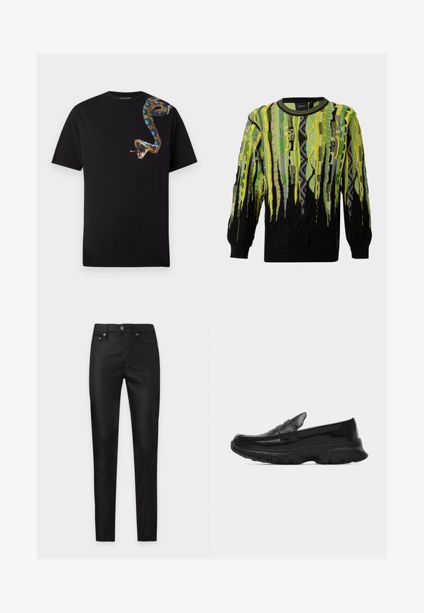 Pull en tricot à manches longues avec des motifs abstraits verticaux dans des tons verts, jaunes, noirs et gris, avec un col rond et des poignets côtelés.; T-shirt noir à manches courtes avec un motif coloré de serpent enroulé de l'épaule à la poitrine, bouche ouverte et langue tirée.; Pantalon noir slim fit avec bouton à l'avant, fermeture éclair et design cinq poches, présenté sur un fond clair uni.; Mocassin noir brillant avec semelle épaisse texturée et détails cousus, profil latéral sur fond gris clair uni.
