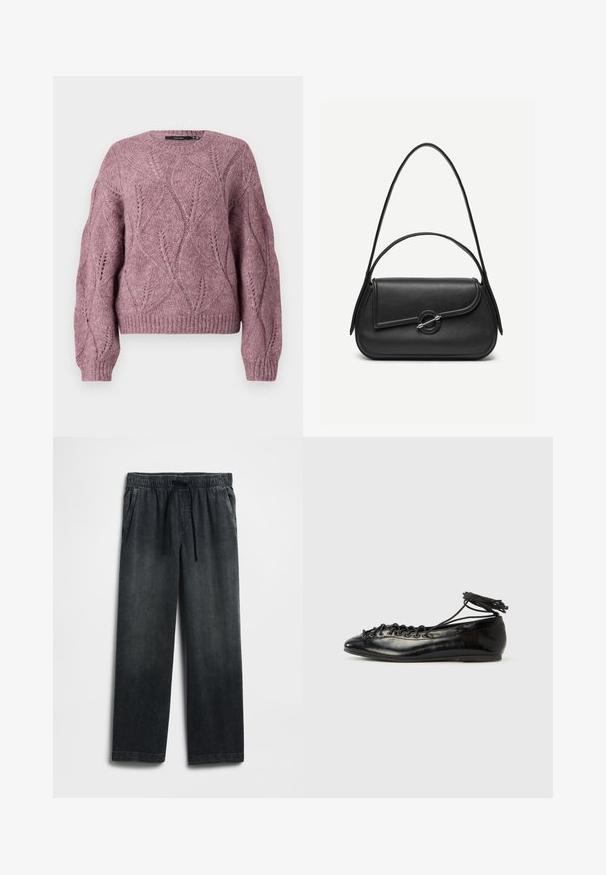 Strikket cropped sweater i blød pink med et tekstureret bladmønster, rund hals og ribbede manchetter og kant. Fremstillet af en hyggelig uldblanding.; Sorte denimbukser med elastisk talje og snøre, vid pasform og diskret falmet look. To sidelommer inkluderet.; Sorte balletflade sko i laklæder med rundet tå, snørelukning og flad sål. Glat tekstur med få detaljer.; Sort læderhåndtaske med afrundede kanter, asymmetrisk klap, metalcirkulært spænde samt både korte og lange skulderstropper.