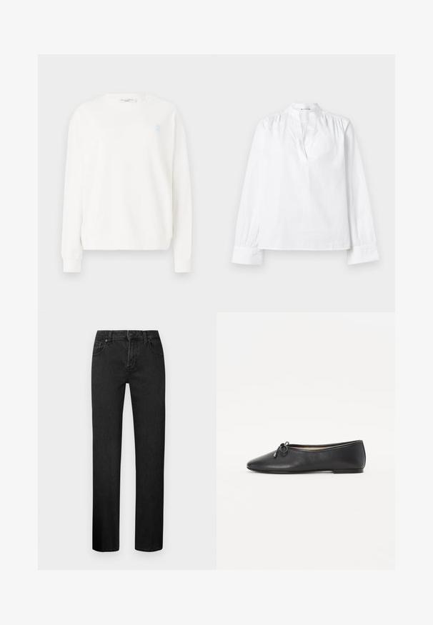 Witte sweatshirt van zacht materiaal, met een ronde hals, lange mouwen, ribgebreide manchetten en een klein blauw logo op de borst.; Witte blouse met lange mouwen en staande kraag, geplooide details op de schouders en knoopmanchetten. Gemaakt van lichtgewicht katoenen stof.; Zwarte rechte jeans van denim, met een klassiek vijf-pocket ontwerp, knopsluiting en riemlussen. Glad oppervlak.; Zwarte leren balletschoenen met een ronde neus en een decoratieve strikdetail. Het ontwerp heeft een gladde textuur en een lage, platte hak.