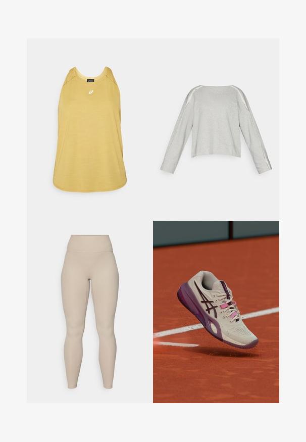 Grå langærmet skjorte lavet af blødt stof, med en rund halsudskæring og sidesømme i en lysere farve; inkluderer lille broderet tekst på forsiden.; Lyst gul ærmeløs atletisk tanktop lavet af glat stof. Har en rund halsudskæring og et lille hvidt logo på fronten.; Beige høj talje leggings med ribbet tekstur, der har en glat talje og tætsiddende ben, designet til komfort og fleksibilitet.; Lyse beige og lilla tennissko, der sparker lerstøv op på en rød lerbane nær hvide banemarkeringer.