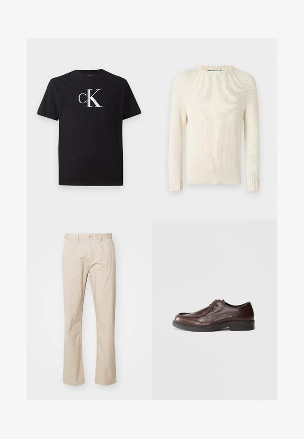 Crème kleurige geribbelde trui met een ronde hals, lange mouwen en een gestructureerd patroon. Voorzien van geribbelde manchetten en zoom voor een aansluitende pasvorm.; Zwarte katoenen t-shirt met een zilveren "ck" logo aan de voorkant. Korte mouwen en een ronde halslijn met een normale pasvorm.; Beige katoenen chinos met een recht gesneden ontwerp, met een knoopsluiting en subtiele plooien voor textuur. Glad stof en strakke lijnen.; Bruine leren nette schoen met een ronde neus, minimale stiksels en een stevige zwarte zool. Voorzien van vetersluiting en een gladde textuur.