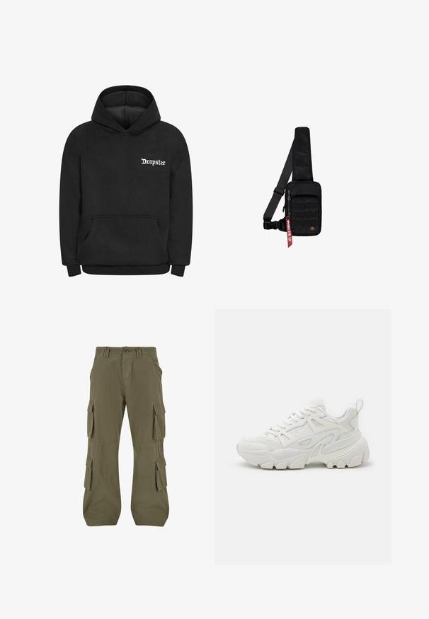 Sudadera negra de tejido suave con un bolsillo frontal y capucha con cordones. El logo "Dropsize" está impreso en blanco en el área del pecho izquierdo.; Pantalones cargo en verde olivo. Fabricados en algodón, con múltiples bolsillos laterales, corte recto y detalles de costura visibles.; Zapatillas deportivas blancas con un upper texturizado, paneles de malla, suela de goma prominente y recortes decorativos en los laterales.; Bolso bandolera negro hecho de tela texturizada. Cuenta con un compartimento principal con cremallera, bolsillo delantero con cinta, correa ajustable y una etiqueta decorativa.