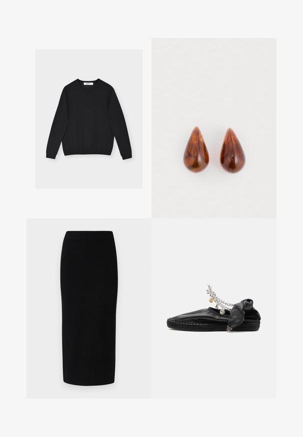 Sort langærmet crewneck-trøje med ribbet manchetter og kant, vist fladt mod en hvid baggrund.; Sort strik-midi-nederdel med en tætsiddende silhuet, der har en bred elastisk talje og en glat tekstur, uden mærkbare mønstre eller accenter.; Sort læder espadrille med flad flettet sål, ankelrem og sølv vedhængskæde mod en hvid baggrund.; Et par glansende brune dråbeformede øreringe med subtile mørkere mønstre på en hvid baggrund.