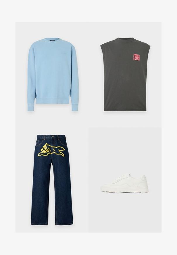 Lyseblå crewneck-trøje lavet af bomuld. Har ribbede manchetter og kant samt lille broderet logo på brystet. Glat tekstur.; Grå ærmeløs T-shirt lavet af bomuld. Har en lille pink KSUBI-logo på venstre brystområde. Enkel, lige snit design.; Mørkeblå denim jeans med et stort gult grafisk motiv af en springende karakter på baglommen. Lige ben design med standard syninger.; Hvid lavskoet lædersneaker med snørelukning, tekstureret hælkappe og let rillede hvide gummisål på en ensfarvet lys baggrund.