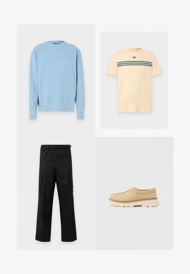 Lichtblauwe trui met ronde hals gemaakt van katoen. Voorzien van geribbelde manchetten en zoom, met een klein geborduurd logo op de borst. Gladde textuur.; Licht beige T-shirt met korte mouwen met donker groene horizontale driedubbele strepen over de borst en een klein Adidas trefoil-logo boven de strepen.; Zwarte cargobroek met een wijde pasvorm, een verstelbare tailleband met een gesp en twee zijzakken voor opslag. Lichtgewicht stof.; Beige suède instapschoen met dikke witte zool en UGG-logo op de zijkant, weergegeven op een effen lichtgrijze achtergrond.
