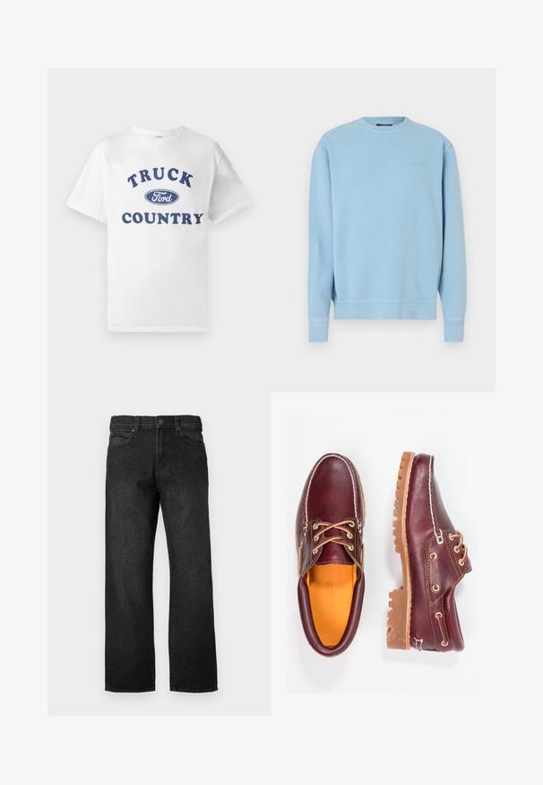 Lichtblauwe trui met ronde hals gemaakt van katoen. Voorzien van geribbelde manchetten en zoom, met een klein geborduurd logo op de borst. Gladde textuur.; Witte katoenen t-shirt met blauwe bedrukte tekst "TRUCK COUNTRY" en een blauw ovale "Ford" logo in het midden. Korte mouwen en ronde hals.; Zwarte spijkerbroek met rechte pasvorm, voorzien van een knoopsluiting, riemlussen en vijf zakken. De stof heeft een gladde, licht gestructureerde afwerking.; Bordeaux leren schoenen met bruine rubberen zolen, ronde neus, witte stiksels en gouden veterogen. Het interieur heeft een gele voering.
