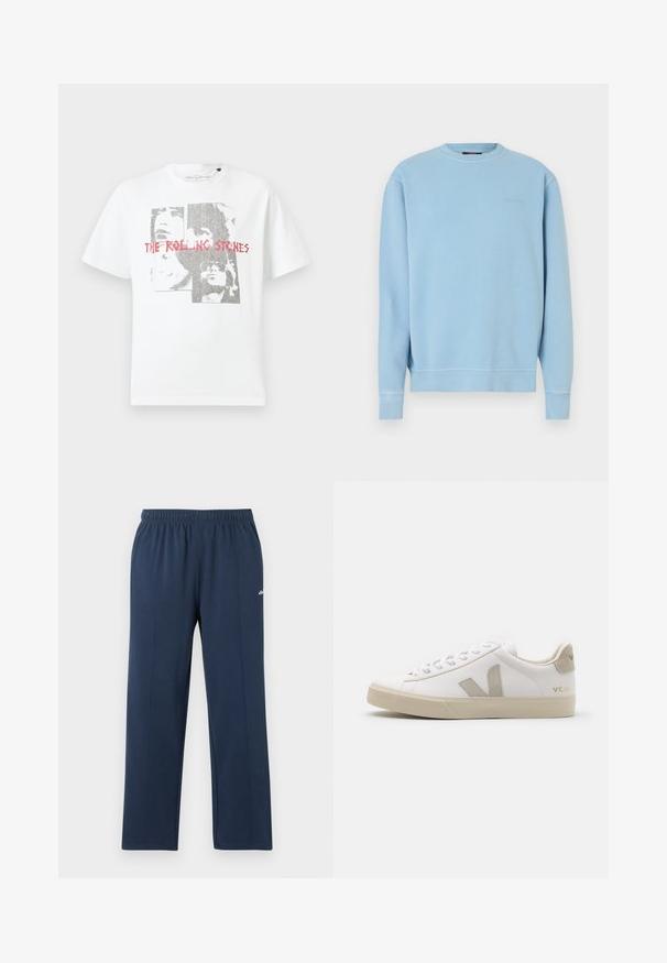 Lyseblå crewneck-trøje lavet af bomuld. Har ribbede manchetter og kant samt lille broderet logo på brystet. Glat tekstur.; Hvid bomulds T-shirt med et grafisk print af ansigter og teksten "THE ROLLING STONES" i rød. Rund hals og korte ærmer.; Marineblå sweatpants med lige ben, elastisk talje og diskrete vertikale sømme, lille hvidt logo på øverste lår.; Hvide lædersneakers med beige detaljer, flad gummisål, rund tå og kontrasterende logo på siden og bagsiden. Snørebåndsdesign.