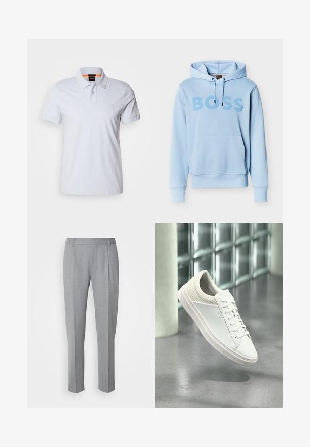 Sweat à capuche bleu clair avec poche avant et le mot "BOSS" imprimé en grandes lettres bleues assorties sur la poitrine.; Polo blanc avec col, manches courtes et logo brodé discret. Fabriqué en coton, il présente une texture lisse et un design classique.; Pantalons gris sur mesure avec une texture lisse, présentant un devant plat, des jambes droites et de légères pinces pour plus de détail.; Baskets basses blanches avec talon matelassé et logo latéral "BOSS" de marque, présentées en suspension à l'intérieur sur un sol gris poli.