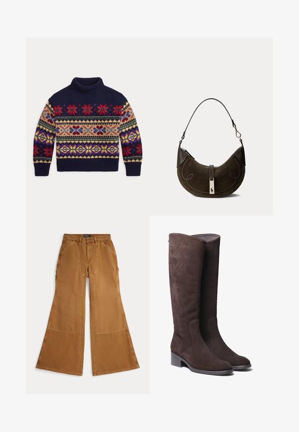 Donkerblauwe gebreide trui met hoge kraag, met rode, paarse, beige en gele geometrische en bloemmotieven op de borst en mouwen.; Bruine wijde pantalon van katoen met siernaden, sluiting met knopen en schuine zakken aan de voorkant. Soepele textuur, casual ontwerp.; Bruine suède kniehoge laarzen met een licht afgeronde neus en een lage blokhak. Kenmerkt zich door subtiele stikdetails langs de zijkanten.; Donkerbruine suède halve-maantasje met leren accenten, bovengreep, decoratieve stiksels en een metalen sluiting met een paardenlogo.