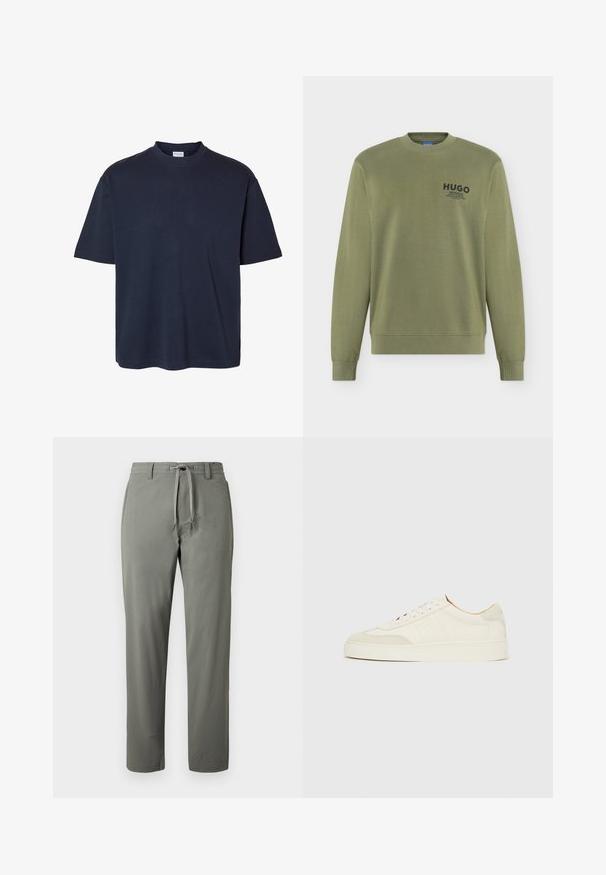 Oliven-grøn langærmet crewneck sweatshirt med sort "HUGO" logo og lille tekst på venstre bryst.; Plain mørk marineblå t-shirt med korte ærmer, rund hals og almindelig pasform, vist på en hvid baggrund.; Herre bukser med lige ben i olivengrøn med snøre i taljen og bæltestropper, vist på ensfarvet baggrund.; Hvide ruskinds-sneakers med en glat finish, rund tå, fladt snøresystem og kontrasterende teksturerede detaljer. Indeholder et diskret logo.