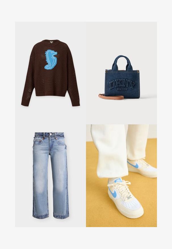 Dunkelbrauner Strickpullover mit offenem Gewebe und großem blauem Seepferdchen-Design auf der Brust, mit gerippten Bündchen und Bund.; Hellblaue Jeans mit weitem Bein, geschichteten Denim-Paneelen, ausgefransten Kanten und klassischem Fünf-Taschen-Design.; Weiße Sneakers mit hellblauen Akzenten, ausgestattet mit einer perforierten Zehenpartie, strukturiertem Sohlenbereich und Schnürsenkeln. Tragen mit cremefarbenen Hosen vor einem gelben Hintergrund.; Kleine blaue Denim-Handtasche mit kurzen Griffen, braunem Lederriemen und erhöhtem "DKNY New York" Logo auf der Vorderseite.