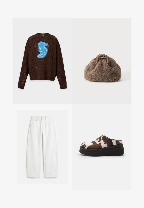 Dark brown knit sweater with open weave and a large blue seahorse design on the chest, with ribbed cuffs and waistband.; White straight-leg jeans with front pockets, belt loops, button closure, and visible seam detailing.; Brown and white cow-print platform clogs with a soft upper, rounded toe, and a durable black rubber sole. Seamed detailing at the base.; Small brown fuzzy handbag with braided leather handles on a plain light background.