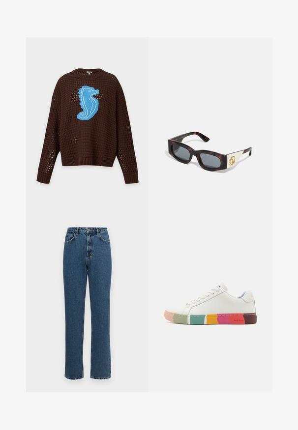 Mørkebrun striktrøje med åbent vævet mønster og et stort blåt søhestemotiv på brystet, med ribkanter ved ærmer og linning.; Højtaljede straight-leg jeans i mørkeblå denim. Har en knap- og lynlåslynlås, fem lommer og en let falmet tekstur.; Paul Smith LAPIN SWIRL SOLE - Sneakers - white; Sorte solbriller i skildpaddemønster med rektangulære mørke linser. Udstyret med hardware i guldfarve med et rundt logo på siden. Slankt plastisk stel.