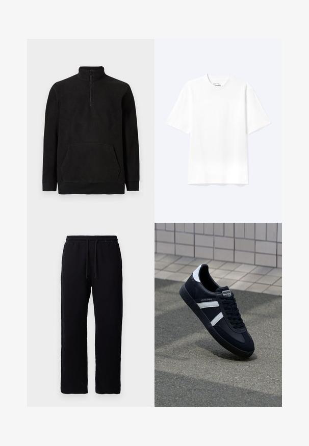 Sort fleece-pullover med halv lynlås, høj krave, kængurulomme samt ribbede manchetter og kanten, vist på en ensfarvet baggrund.; Enkel hvid T-shirt med korte ærmer og rund hals med afslappet pasform, vist på en lys baggrund.; Sorte sweatpants lavet af bomuld, med elastisk talje og snore, lige ben design, og uden synlige mønstre eller detaljer.; Sort lædersneaker med hvide striber, tekstureret gummisål og snørrebånd foran. Har et brandet mærke på tungen.