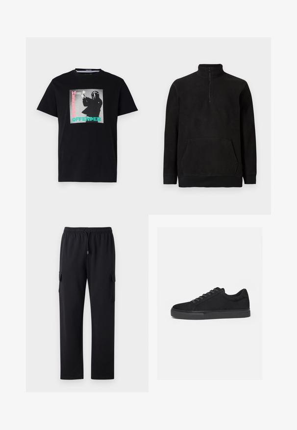 Zwarte fleece pullover met halfrits, hoge kraag, kangaroozak en geribde manchetten en onderrand, gepresenteerd op een effen achtergrond.; Zwarte katoenen t-shirt met een grafische print met de tekst "WEEKEND OFFENDER" en "London Calling", benadrukt in turquoise en roze.; Zwarte cargobroek met een ontspannen pasvorm, elastische tailleband en trekkoord. Heeft twee zijzakken voor opslag. Zachte stofstructuur.; Zwarte lage sneaker met veterluiting aan de voorkant en platte rubberen zool, zijaanzicht op een witte achtergrond.