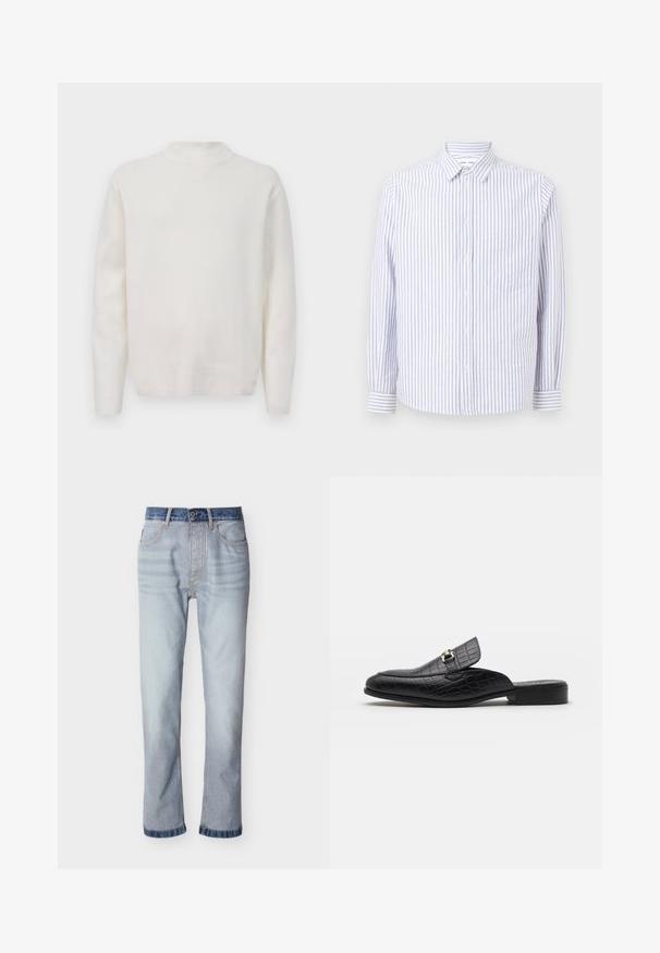 Un pull blanc à manches longues et col rond avec un col, des poignets et une taille côtelés, exposé sur un fond blanc uni.; Chemise à rayures bleu clair et blanche. Dotée d'un col pointu, de manches longues et d'une poche poitrine unique. Tissu en coton.; Jean denim bleu clair avec une ceinture bleu foncé, coupe droite, cinq poches et détails de couture visibles.; Chaussures slip-on en cuir noir gaufré crocodile avec un talon plat et une boucle en métal décorative sur la sangle. Texture lisse et design élégant.