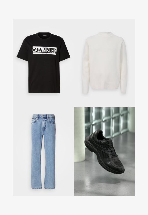 Witte lange mouw trui met ronde hals en geribbelde kraag, manchetten en tailleband, weergegeven op een witte achtergrond.; Zwarte T-shirt met korte mouwen en een witte "CALVIN KLEIN NEW YORK" logo gecentreerd op de borst, ronde halslijn, en een medium maatlabel binnenin de kraag.; Lichtblauwe denim jeans met een recht ontwerp, vijf zakken en een knoopsluiting. Stikdetails nabij de zakken en de tailleband.; Zwarte sportieve sneaker met mesh- en lederen details, zwevend boven een gepolijste betonnen vloer naast een glazen blokmuur in een minimalistische binnenruimte.