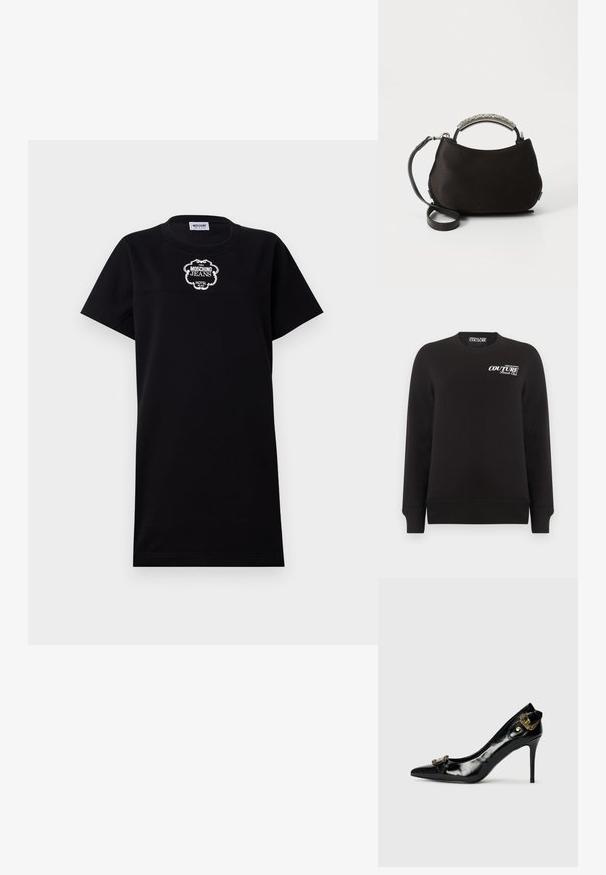 Must pikkade varrukatega ümmarguse kaelusega pusa, mille vasaku rinna ülaosas on valged kirjad "Versace Jeans Couture Beach Club".; Must t-särk-kleit lühikeste varrukatega. Rinnal on valge tikandiga logo "Moschino Jeans Hotel". Lihtne ja sirge lõige.; Musta lakknahast kõrge kontsaga king, terava varbaga, ees kaunistusena paelte tegemine ja taga dekoratiivne kuldtoonist detail.; Must mustritud musta satiinist käekott, millel on kaarjas hõbedane käepide ja eemaldatav must rihm. Pehme tekstuur ja ümar kuju koos minimalistikku disainiga.